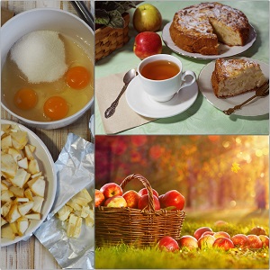 Collage aus drei Bildern: Ein Korb mit roten Äpfeln im Herbstsonnenlicht; ein Stück Apfelkuchen, eine Tasse Tee und herbstliche Dekoration auf einem Tisch; eine Rührschüssel mit Zucker und aufgeschlagenen Eiern darin neben einer Schüssel mit Apelschnitzen und Butter