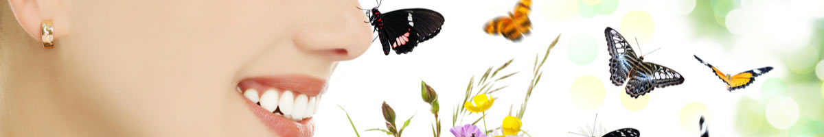 Das Profil einer lächelnden jungen Dame, um sie sind Schmetterlinge und Frühlingsblumen zu sehen